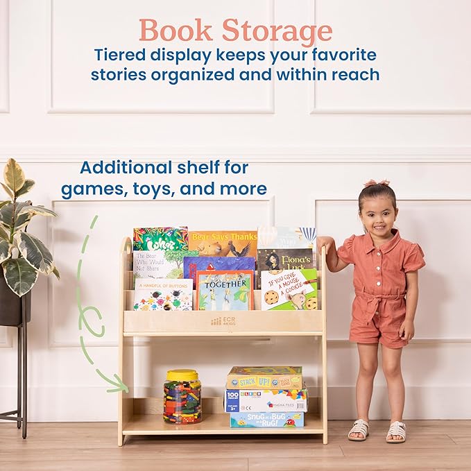 ECR4Kids 3-Shelf Floor Book Display with Handles and Storage, 30in, Kids Bookshelf, Natural