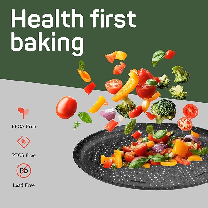 Emporio Kitchen Non-Stick Pizza Pan 2 Pack – 16 Inch Round Carbon Steel Pizza Tray with Perforated Holes, PFOAPFOSPTFE-Free, Dishwasher & Oven Safe Up To 450°F, Durable Nonstick Gray Marble Coating