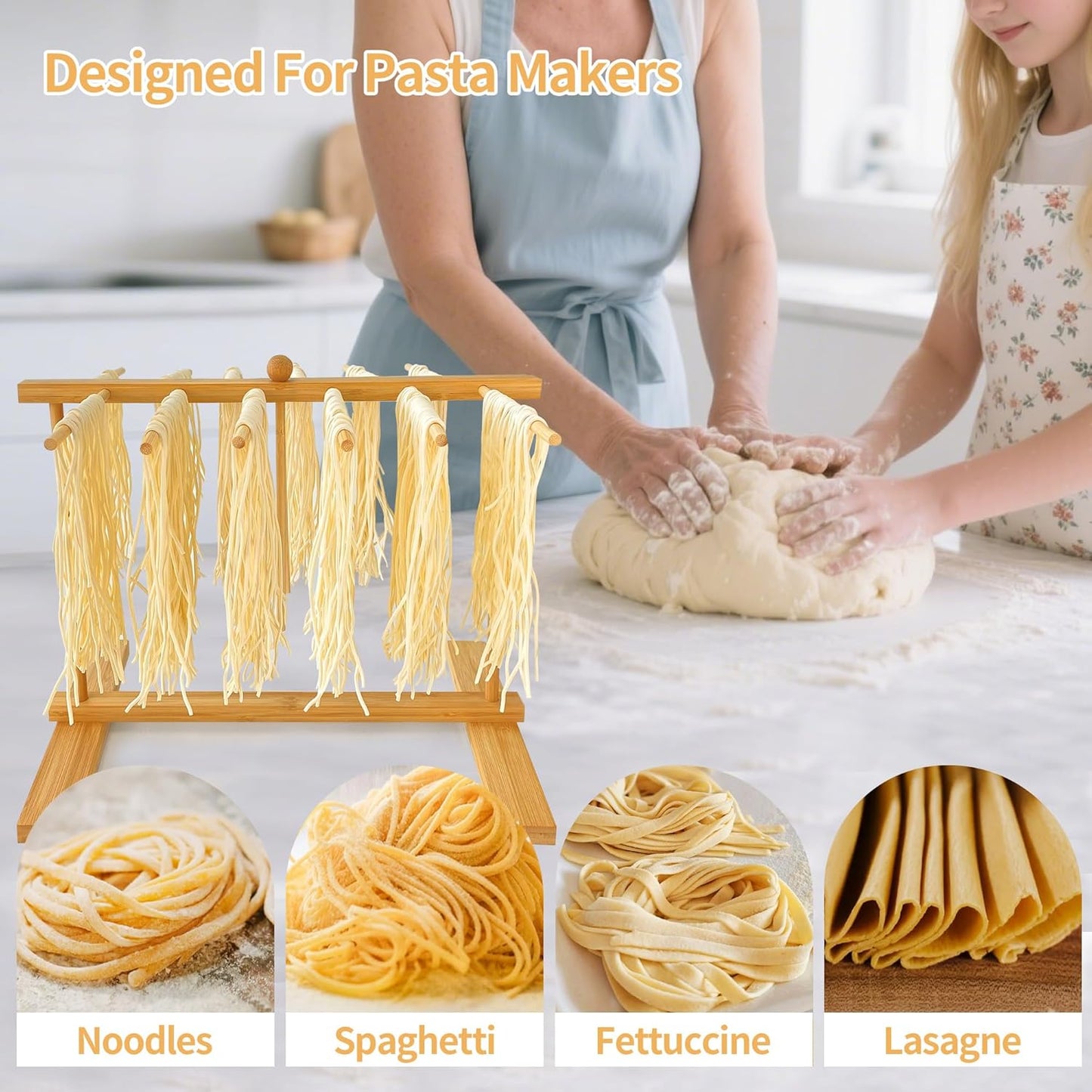 Bamboo-Pasta-Drying-Rack with Transfer Wand & 14 Arms, Large Collapsible Fresh Pasta Dryer Holder for Homemade Noodle, Spaghetti, Tagliatelle, Detachable Fettuccine Hanger Stand with 14 Bars