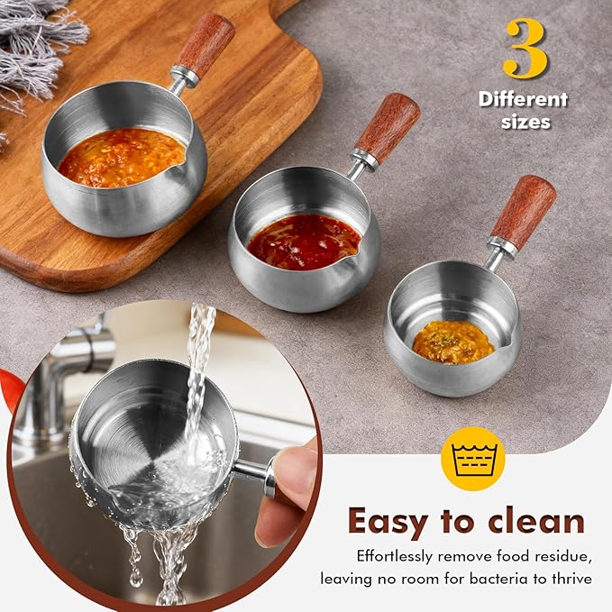 3 Pieces Stainless Steel Mini Sauce Pan with Wooden Handle & Spout, 1.7/3.4/5.1 Oz Silver Small Butter Warmer Saucepan, Reusable Sauce Pot Dipping Bowl (Silver)