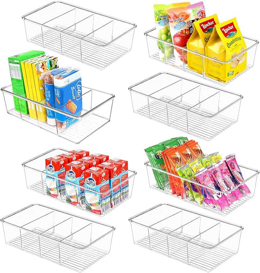 Snack Organizer for Pantry Shelf, 8 Pack Clear Plastic Pantry Storage Bins with 3 Dividers for Snacks, Spices, Chips Food Organizer, Stackable Pantry Organizers for Kitchen, Fridge, Cabinet