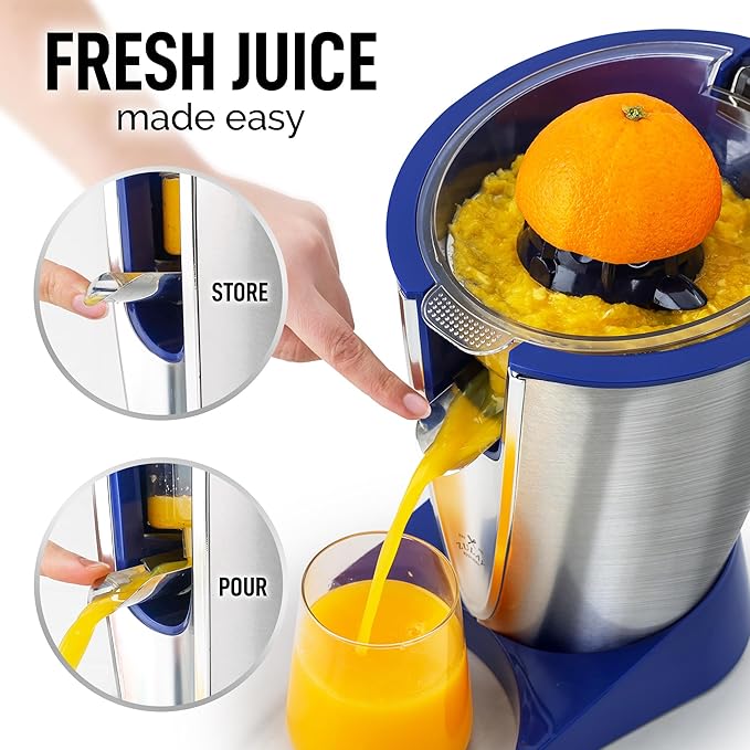 Zulay Electric Citrus Juicer - Makes Fresh Orange, Lemon, Grapefruit, Lime Juice - Stainless Steel, 160W Powerful & Quiet, Interchangeable Cones -Filters Out Seeds & Pulp- Dishwasher Safe Parts - Blue