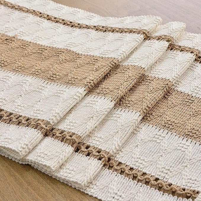 FEXIA Boho Table Runner for Hoilday Spring Home Decor with Tassels Pottery barn Furniture Farmhouse Rustic Macrame Burlap Table Decoration for Living Room (12x36 Inches)