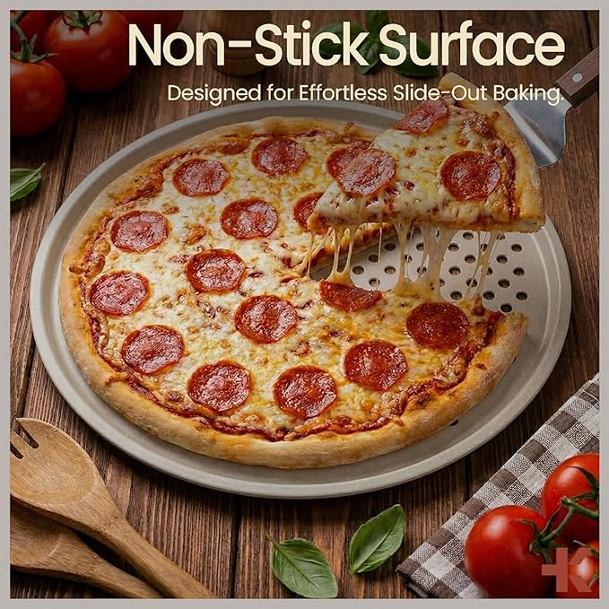Bakken Pizza Baking Pan - Round Perforated Carbon Steel Pan with Non-Stick Marble Coating, Oversized Silicone Handle, Dishwasher Safe, High-Temperature Resistant, Durable & Easy Cleanup White, 1 Pack