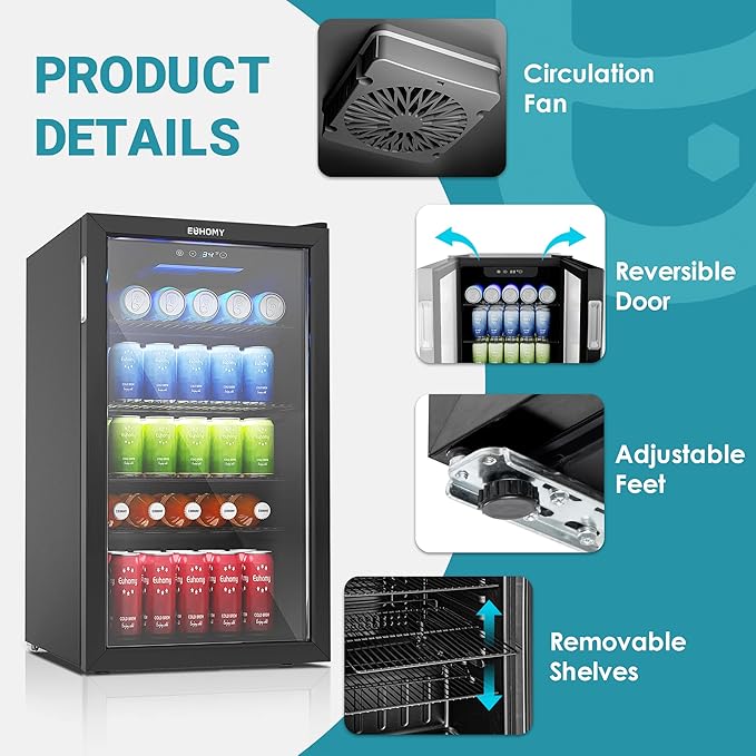 EUHOMY Beverage Refrigerator Cooler, 125 Can Mini Fridge with Glass Door for Soda Beer or Wine, Beverage Cooler for Home, Office, Bar with Adjustable Removable Shelves, Black