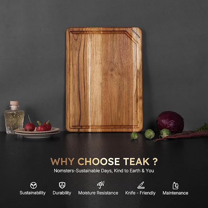 15'' Teak Wood Cutting Board for Kitchen Non Slip Over Sink Charcuterie Board Serving Heavy Duty Non Toxic Wooden Chopping Board Thick Haus Organic Edge Grain Wood Long-Lasting Use
