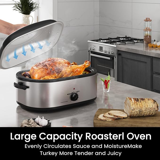 18 Quart Roaster Oven with Self-Basting Lid, Large Electric Turkey Roaster Oven with Defrost & Warm Function, Adjustable Temperature, Removable Pan & Rack, Stainless Steel, Silver
