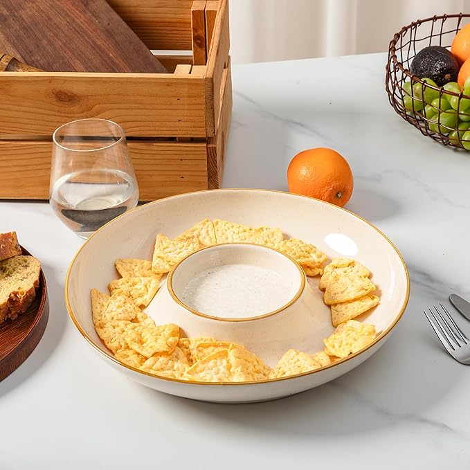 LEHAHA 12.25 inch porcelain Chip and Dip Serving Set, Ceramic Platters for Cheese, Appetizers &Chips Salsa, Fruit and Veggies, Divided Serving Trays for Family Gathering and Parties, Dark Creamy