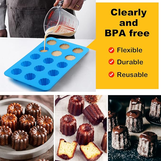 Sidosir 2Pcs Small Canele Mold Silicone, 15-Cavity Mini Nonstick Canele Silicone Baking Cake Pan for Bread Muffin, Non-Stick Madeline Pans for Baking