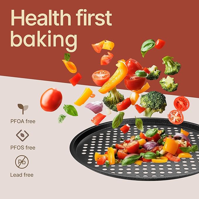 Bakken Pizza Baking Pan - Round Perforated Carbon Steel Pan with Non-Stick Marble Coating, Oversized Silicone Handle, Dishwasher Safe, High-Temperature Resistant, Durable & Easy Cleanup Gray, 2 Pack