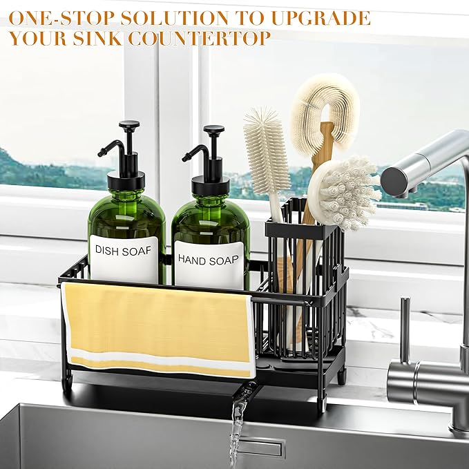 Kitchen Soap Dispenser Set with Sponge Holder and Towel Rack, 17OZ Glass Bottle, Hand and Dish Soap Dispenser Set, Non-Slip Silicone Pad, Brush Holder, Kitchen Sink Caddy Organizer Countertop (Green)