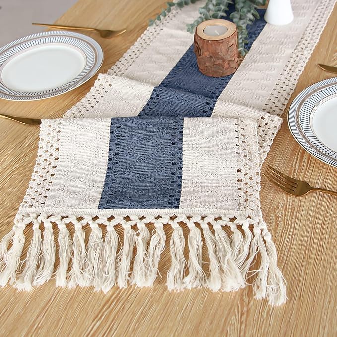 FEXIA Boho Table Runner 90 Inches Long with Tassels Farmhouse Rustic Cream & Blue Macrame for Dining Bedroom Baby Bridal Shower Decor(12x90 Inches)