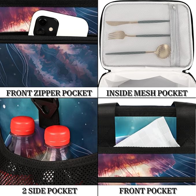 Lunch Box for Women Men Ocean Jellyfish Insulated Lunch Bag Leakproof Large Lunchbox for Adults with Adjustable Shoulder Strap, Cooler Tote Bag for Work, Picnic, Beach