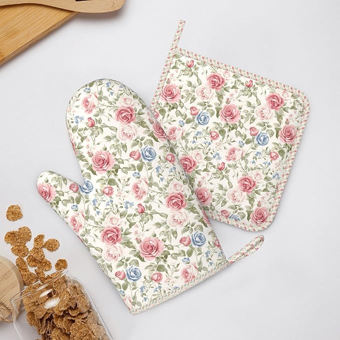 Oven Mitts and Pot Holders Flower Boho Rose Floral Silicone Kitchen Accessories Set of 4 Heat Resistant Long Gloves Potholder Non-Slip Grip for Chef Cooking Baking Grilling BBQ