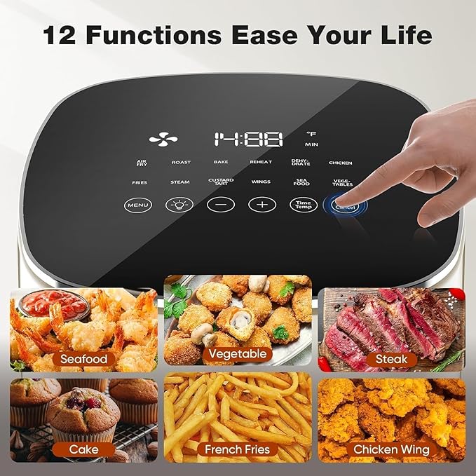 Hexago Air Fryer-6.34 QT Large Airfryer with Clear Window, 12-in-1 Air Fry, Roast, Reheat, Dehydrate, Bake, Steam with 400F, Touchscreen Controls, Gray