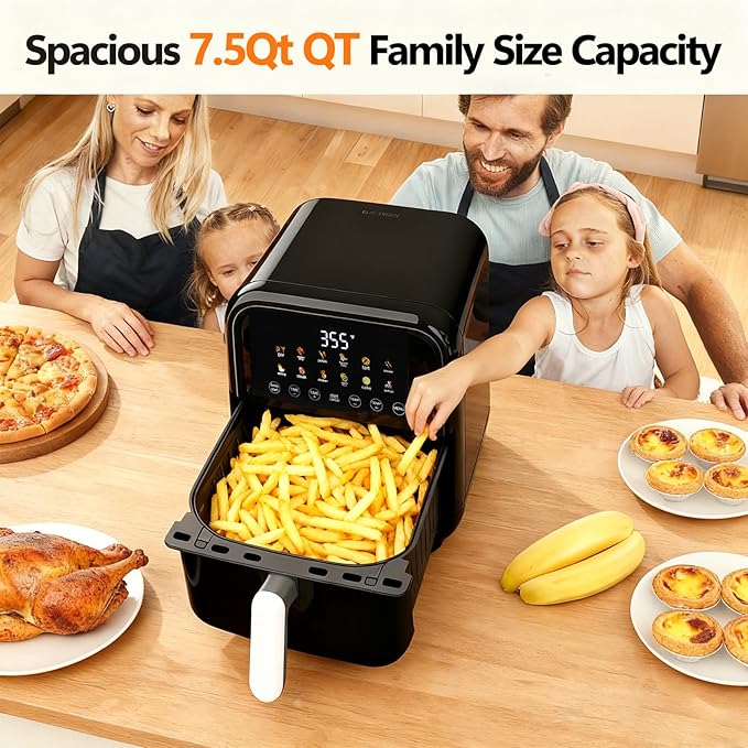 Simple Deluxe 12-in-1 Air Fryer 7.5 Qt, Digital Preset & DIY Function Airfryer with Visible Window, Nonstick and Dishwasher-Safe Basket, Chicken, Fries, Fish, Tart, Cake, DIY, Black