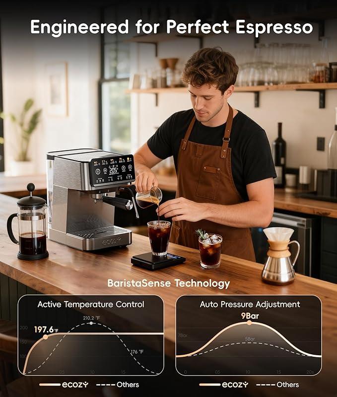 ecozy 4-in-1 Espresso Machine and Coffee Maker Combo with Milk Frother, All in One with Cold Brew & Over Ice, Interactive Touch Screen, Brezzano Elite Series for Cappuccinos, Lattes, Americanos