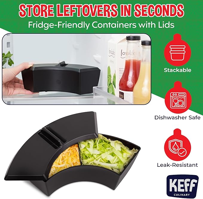 KEFF Taco Tuesday Kit - Taco Bar Serving Set for a Party, Lazy Susan Serving Dish 6 Sections, 4 Tacos Holder, Condiment Containers, Squeeze Bottles, Tongs, Recipes & Instructions - Tailgate Essentials