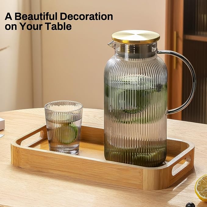 Buaic 2 PACK Glass Pitcher with Lid, 68 oz/ 2 Liter Gray Classic Vertical Stripes Water Pitcher,Glass Water Carafe for Cold Brew, Coffee, Lemonade, Iced Tea,Beverage, Heat Resistant Water Glass Jug