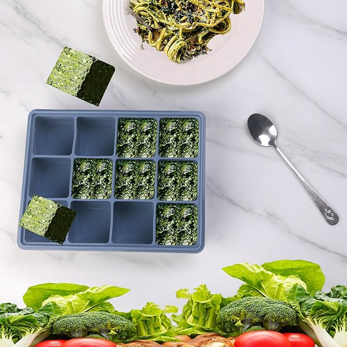 1/2 Cup Silicone Freezer Tray With Lid - Silicone Freezer Molds 2-Pack For meal prep & freezing of various sauces and other dishes, makes 24 perfect 1/2 cup portions cubes (Blue 2 Pack)