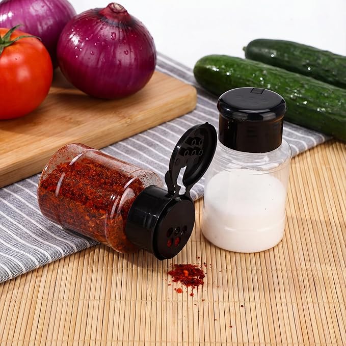 Amyhill 100 Pcs Plastic Spice Bottles Spice Jars with Black Cap Seasoning Jars Shaker 2 Oz/ 60ml Clear Bottle Containers with Shaker Lids for Storing for Spices, Herbs, Powders, Glitters Supplies