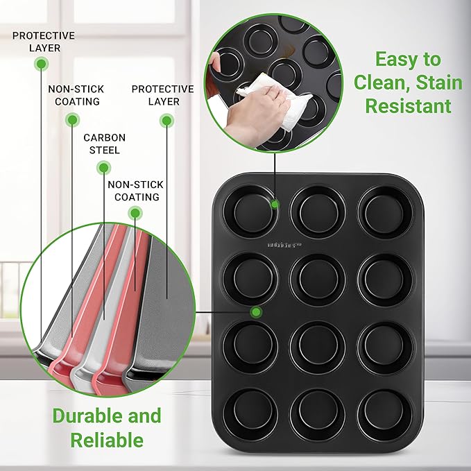 NutriChef Muffin Pans for Baking 2-Pack | Nonstick 12 Mold Cupcake Tins | Carbon Steel Stackable Cup Cake Trays | Dishwasher & Oven Safe | Includes 100 Parchment Paper Liners | 13 x 10 x 1 | Black
