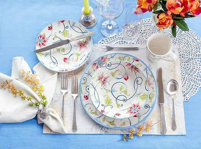 Tudor Royal Collection 24-Piece Round Dinnerware Set, Service for 6, Botanical Design, Summer Flowers, Plates Bowls Mugs Dishes, High-Gloss Premium Quality