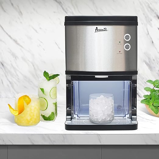 Avanti Nugget Ice Maker with Electronic Controls and Dispenser Countertop Use Makes 33lbs of Chewable Ice Per Day Perfect for Kitchen Office or Breakroom, Includes Ice Bin, 195-Watts, Stainless Steel