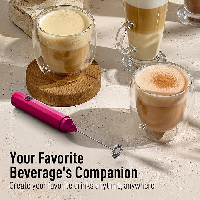 Zulay Froth N Go Milk Frother – Rechargeable 3-in-1 Handheld Frother Wand with Travel Case & USB-C Charger – Single, Double & Egg Whisk for Latte, Cappuccino, Matcha, Protein Shakes – Dragonfruit