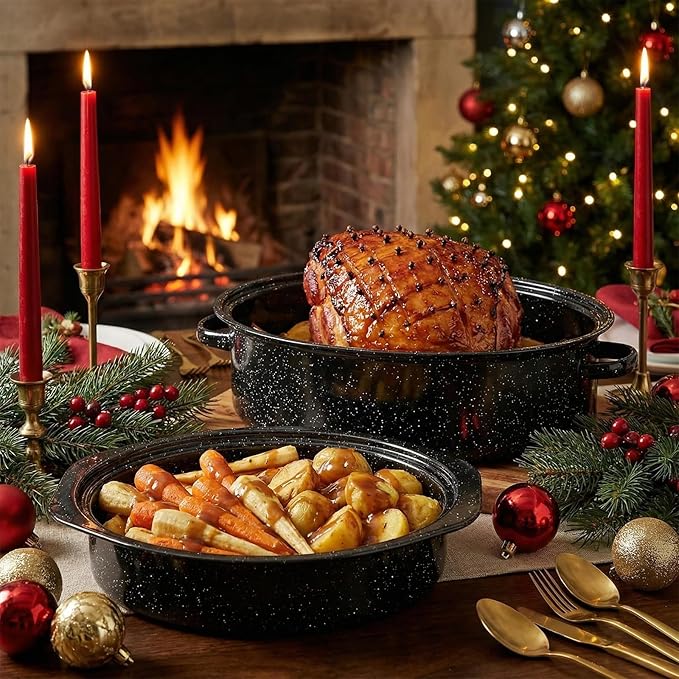 Enamel Roasting Pan With Lid and Rack 13" 18"Granite Roaster Pans Set With Rack Suitable Cooking Poultry Baking Turkey Bread Beef High Temperature Resistance,Dishwasher Safe,Holiday Gifts CookWare