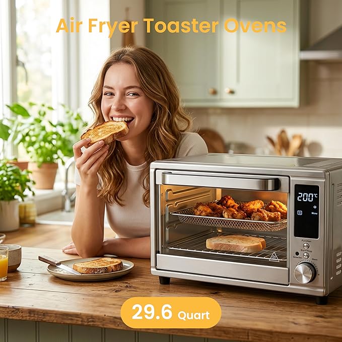 Simple Deluxe 29.6QT Air Fryer Toaster Oven Combo with Smart Probe, 12-in-1 Countertop Convection Oven, 450°F, Stainless Steel