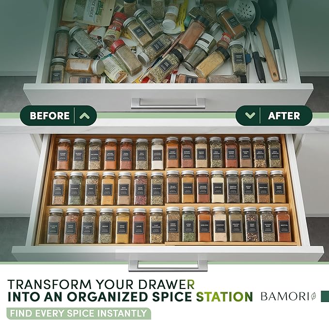 Bamboo Spice Drawer Organizer – Expandable 4 Tiered Spice Rack Insert for Kitchen Drawer – Premium Bamboo Seasoning Organizer for Drawer Storage (Need 3" Deep Drawer)