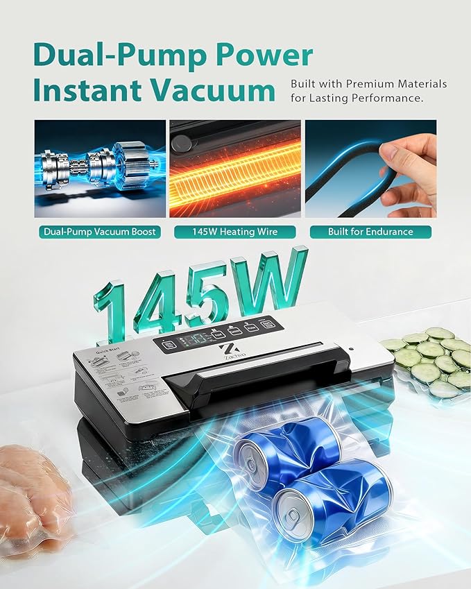 Dual Pump Vacuum Sealer for Food Storage & Sous Vide, Handle Lock, Double Heat Seal 5mm Wide, Built-in Cutter & Bag Roll Storage, External Vacuum Port, Dry/Moist Modes, Starter Kit Included