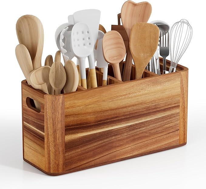 Utensil Holder for Kitchen Counter, Extra Large Utensil Holder for Countertop with 4 Compartments Wooden Cooking Utensil Organizer for Spatula Kitchen Storage, Acacia Wood