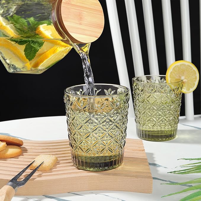 Joeyan Green Vintage Drinking Glasses,Embossed Water Glass Cups,Colored Decorative Glass Tumblers,Elegant Glassware Cups for Beverages Juice Cocktail Beer,11 oz,Set of 6,Dishwasher Safe
