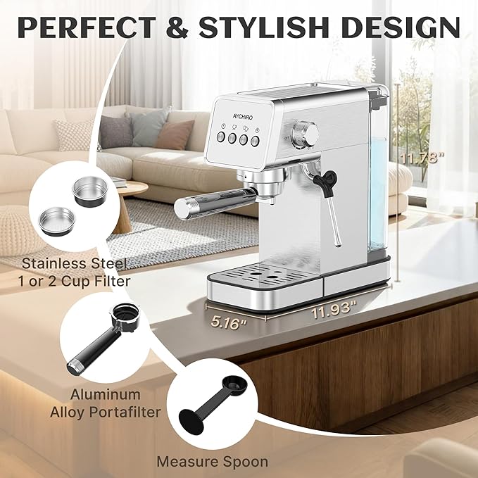 AYCHIRO 20 Bar Espresso Machine, Professional Espresso Machine with Milk Frother, Compact Espresso Maker for Cappuccino and Latte, Removable Water Tank and Drip Tray