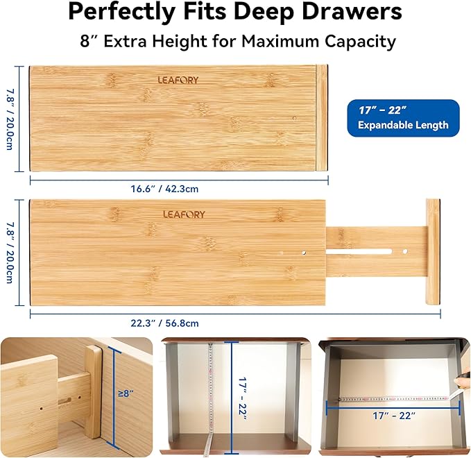 4 Pack Deep Drawer Dividers, 8" High Bamboo Expandable Drawer Organizers, 17-22" Adjustable Tension Separators, Large Drawer Dividers for Kitchen, Bedroom Dresser, Baby Nursery & Bathroom