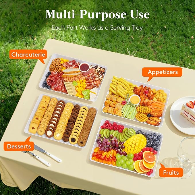 Lifewit Serving Tray for Party Supplies, Reusable Serving Platter for Catering, Snack, Fruit, Charcuterie, Appetizer, Plastic Food Trays, Hosting Essentials, BPA Free, White, 4 Pcs