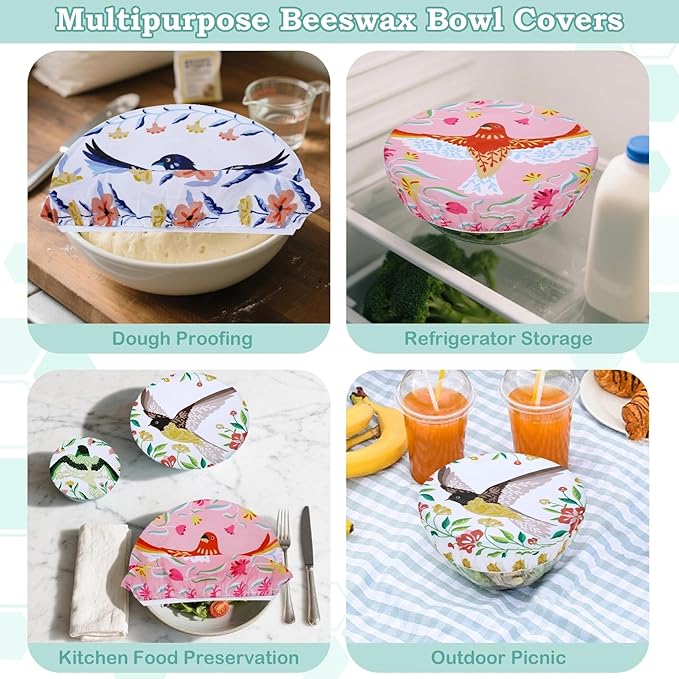 5-Size Reusable Beeswax Bowl Covers for Bread Proofing, Cotton Cloth Flexible Beeswax Wraps for Food Storage(Floral Bird)