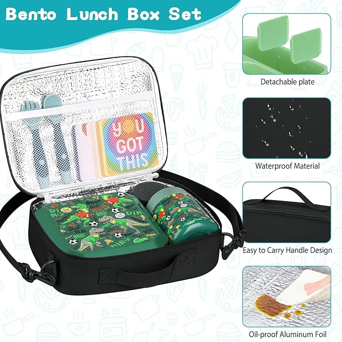 wiwens Bento Lunch Box for Kids with 12oz Soup Thermo Leak-Proof Lunch Food Container with 5 Compartment Thermo Hot Food Jar and Insulated Lunch Bag for Kid Toddler Girls Boys to School