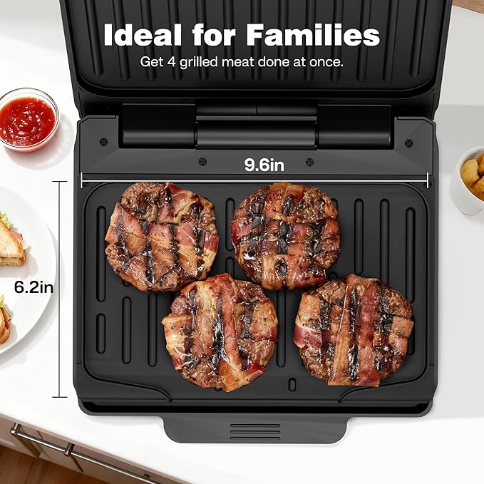 KEINVE 2-Serving Electric Grill and Panini Press, Tilted Grilling Surface for Rapid Oil Drainage, Non-Stick Coating Easy to Clean