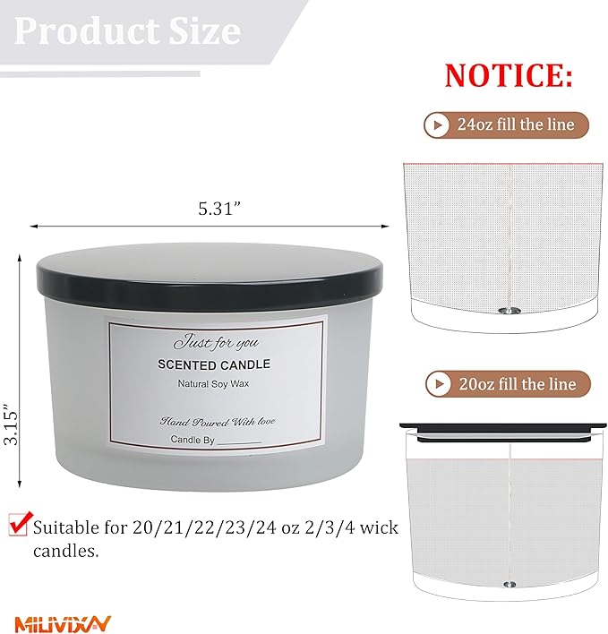 MILIVIXAY 6 Pack 24 oz Candle Jars with Metal Lids and Candle Making Kits - 3 Wick Candle Jar,Bulk Empty Frosted White Thick Glass Jars for Making Large Candles - Spice, Powder Containers
