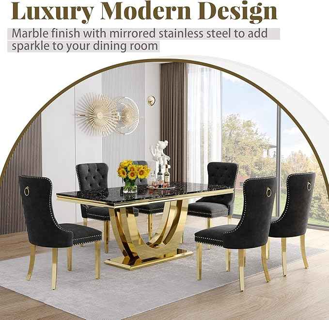AF ARTISAN FURNITURE Marble Dining Table for 4-8,Black Faux Marble Dining Tables with Gold U-Shaped Mirrored Finish Stainless Steel Base, Marble Kitchen Table for Living Room Home Office