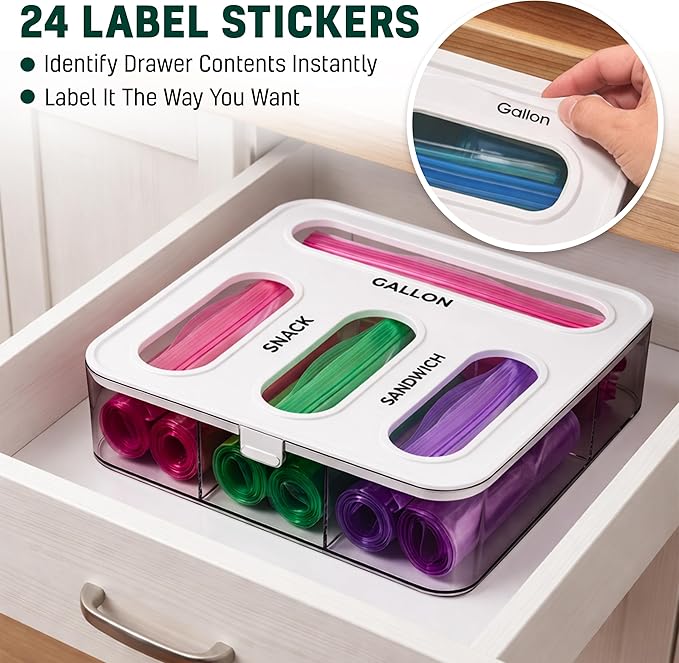 HIMUS Food Storage Bag Organizer - 4 in 1 Plastic Baggie Organizer for Drawer | Compatible with Sandwich, Snack, Gallon, Quart & Slider | Plastic Bag Organizers Kitchen Storage| Wall & Drawer Mount
