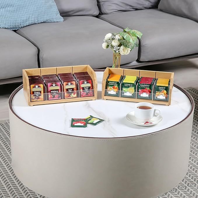TIOPGHAD 2-Layer Stackable Bamboo Tea Bag Organizer Storage Holder & Rack - Wooden Tea Box Containers - Stand for Countertop or Cabinet