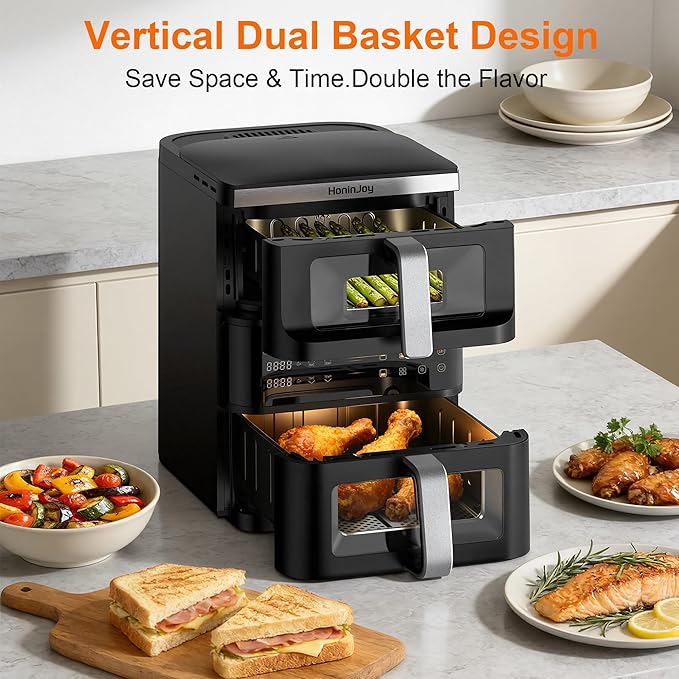 13QT Dual-Basket Air Fryer, Vertical Compact Large Air Fryers with viewing window & Independent Light, 10-in-1 Presets for Home Family, Bake/Grill/Dehydrate/Reheat, Freidora De Aire Dishwasher-Safe