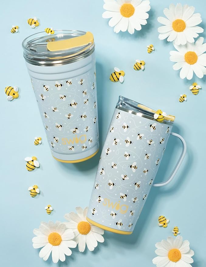 Swig Life 24oz Party Cup, Stackable Insulated Travel Coffee Tumbler with EZ Slider Lid, Cup Holder Friendly, Stainless Steel 24 oz Tumbler, Reusable Coffee Mug (Busy Bee)
