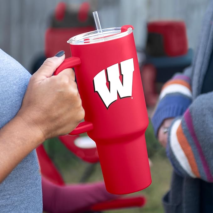 Logo Brands NCAA 40 oz Tumbler with Handle -Stainless Steel Insulated Travel Tumbler with Straw Lid – Powder Coated, Leak-Resistant, Keeps Drinks Hot/Cold – Great for Tailgating, or Everyday Use