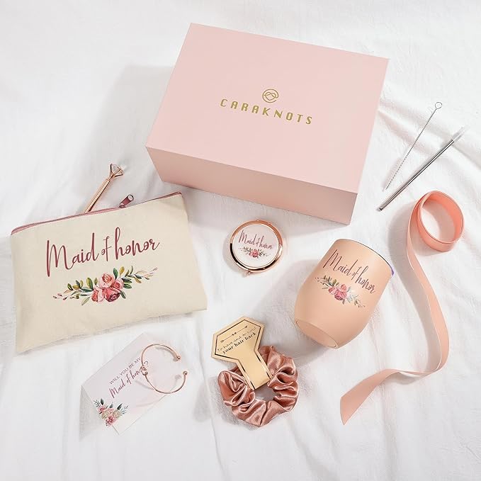 CARAKNOTS Maid of Honor Proposal Gift Box Set, Will You Be My Maid of Honor Gift, Pink Ready to Gift Bridesmaid Box with 12 oz Stainless Steel Tumbler, Bridal Party Bachelorette Wedding Favo