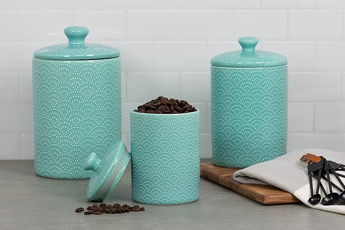 10 Strawberry Street Embossed Ceramic Kitchen Canister Set, Set of 3, Tide Blue